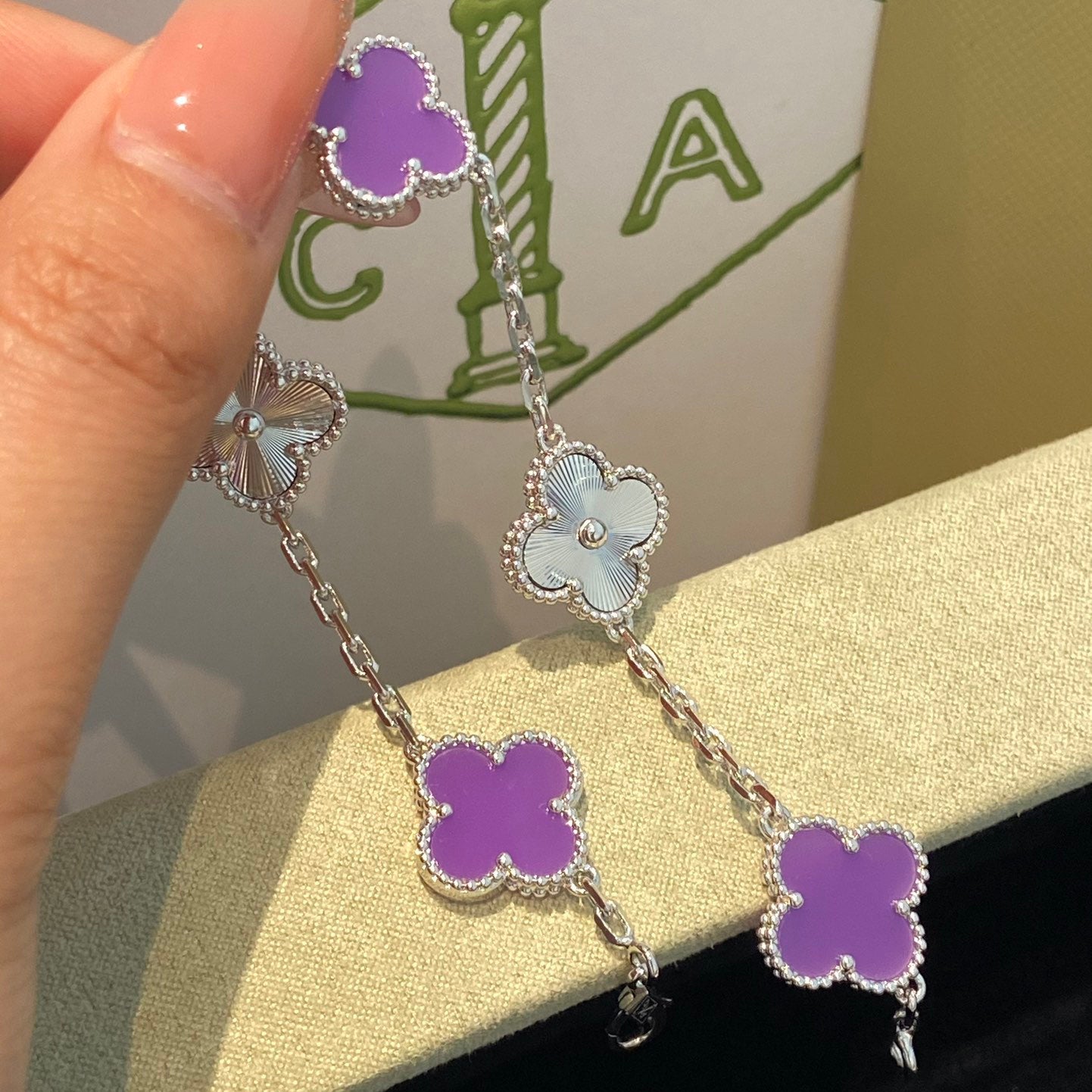 [Violet JW]CLOVER  5 MOTIFS  PURPLE VIOLET BRACELET SILVER