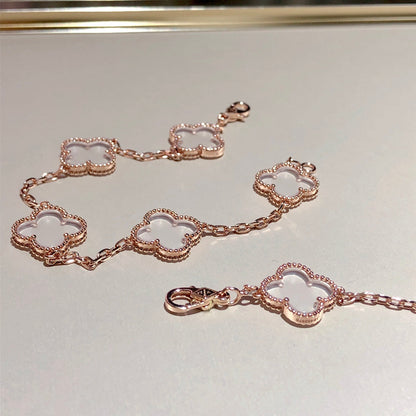 [Violet JW]CLOVER 5 MOTIF ROCK CRYSTAL PINK GOLD BRACELET