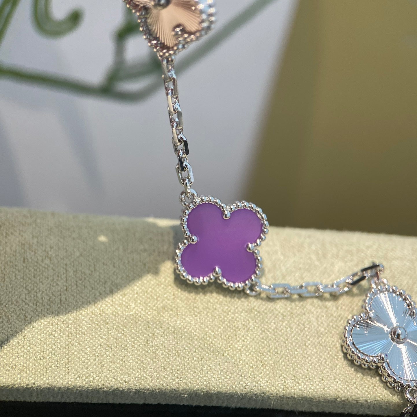 [Violet JW]CLOVER  5 MOTIFS  PURPLE VIOLET BRACELET SILVER