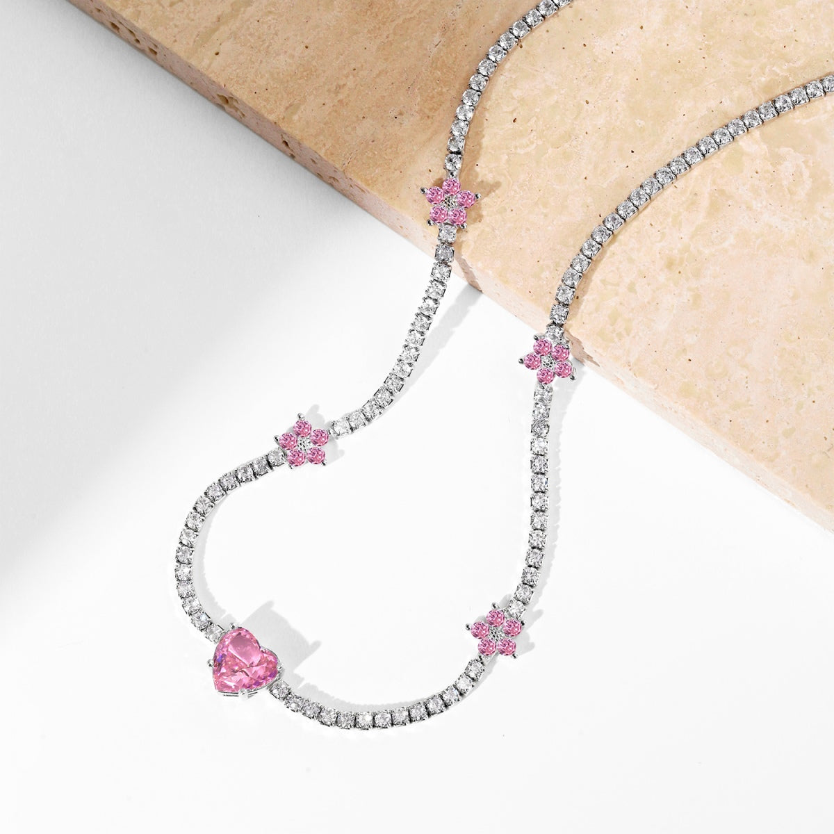 [Violet JW]Dazzling Pink Heart Flower Necklace