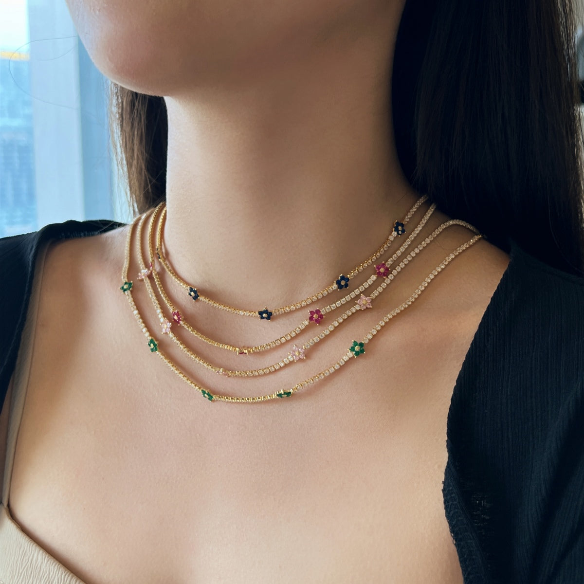 [Violet JW]Luxurious Colorful Flower Tennis Necklace