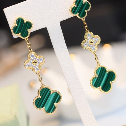 [Violet JW]CLOVER EARRINGS GOLD MALACHITE DIAMOND 3 MOTIF