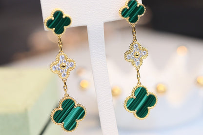 [Violet JW]CLOVER EARRINGS GOLD MALACHITE DIAMOND 3 MOTIF