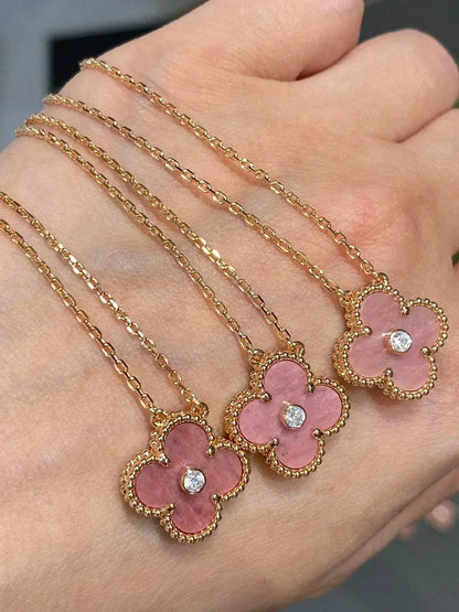 [Violet JW]CLOVER 15MM DIAMOND RHODONITE NECKLACE