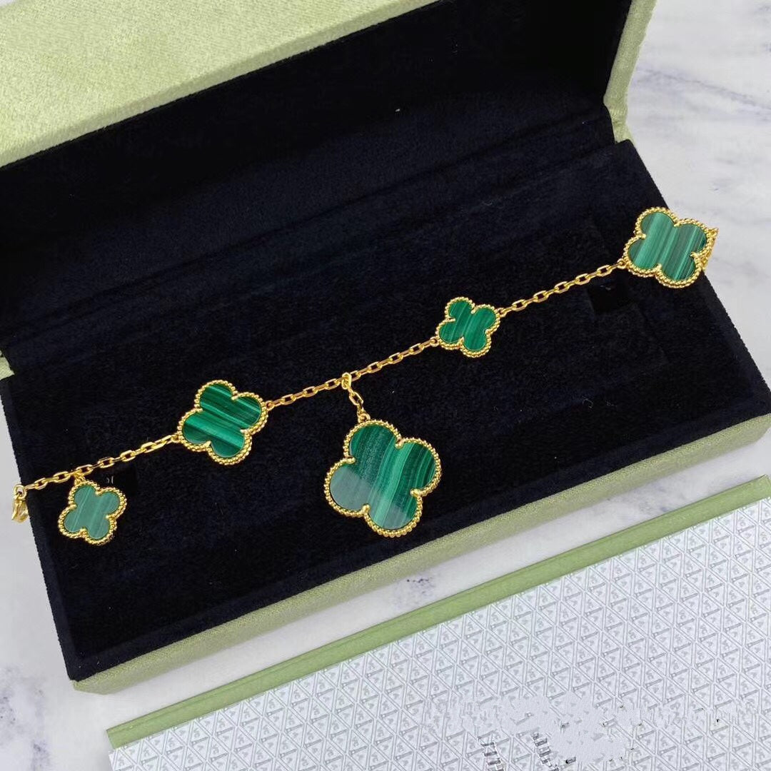 [Violet JW]MAGIC CLOVER MALACHITE GOLD BRACELET 5 MOTIFS