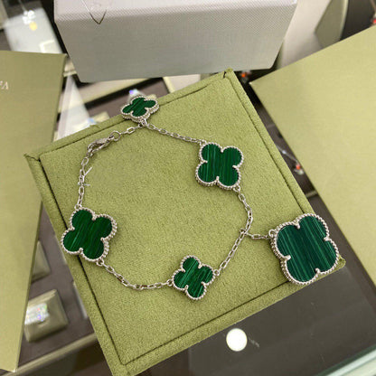 [Violet JW]CLOVER 5 MOTIFS SIVLER MALACHITE BRACELET