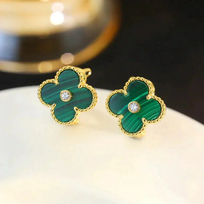 [Violet JW]CLOVER MEDIUM 1 MOTIFS MALACHITE DIAMOND EARRINGS