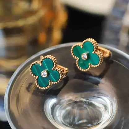 [Violet JW]CLOVER MEDIUM 1 MOTIFS MALACHITE DIAMOND EARRINGS