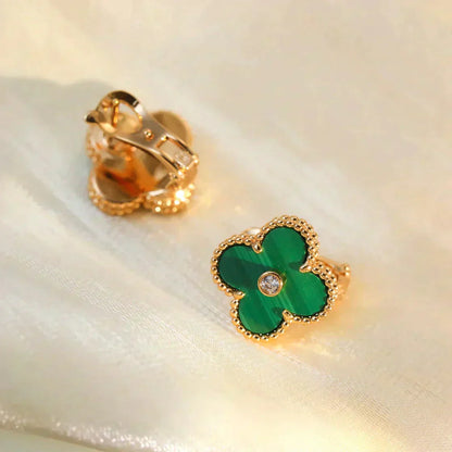 [Violet JW]CLOVER MEDIUM 1 MOTIFS MALACHITE DIAMOND EARRINGS