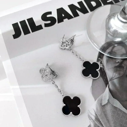 [Violet JW]CLOVER 2 MOTIFS  DIAMOND ONYX EARRINGS SILVER