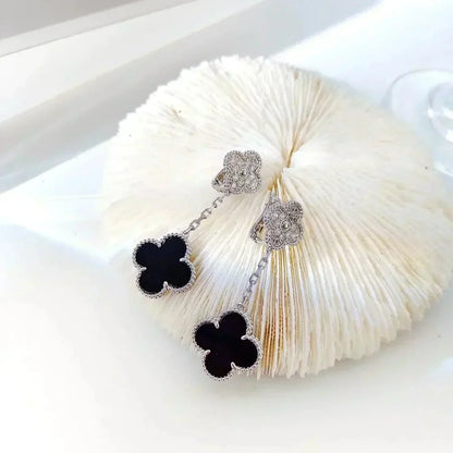 [Violet JW]CLOVER 2 MOTIFS  DIAMOND ONYX EARRINGS SILVER