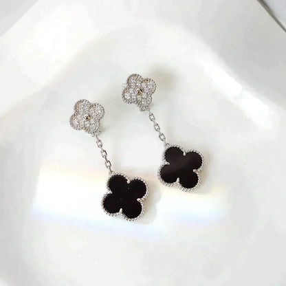 [Violet JW]CLOVER 2 MOTIFS  DIAMOND ONYX EARRINGS SILVER