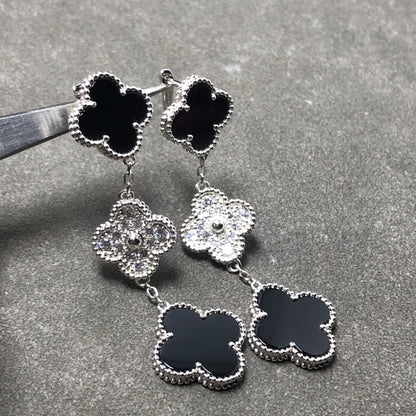 [Violet JW]CLOVER 3 MOTIF DIAMOND ONYX SILVER EARRINGS