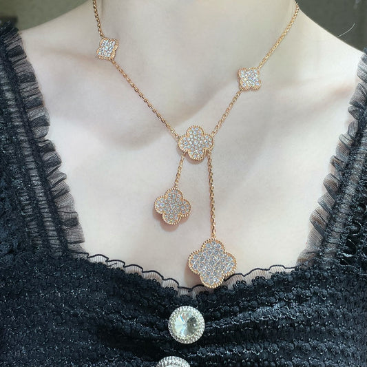 [Violet JW]CLOVER 6 MOTIF DIAMOND PAVED NECKLACE