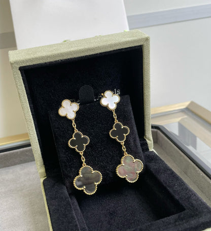 [Violet JW]CLOVER 3 MOTIF MOP ONYX DARK MOP PINK GOLD EARRINGS