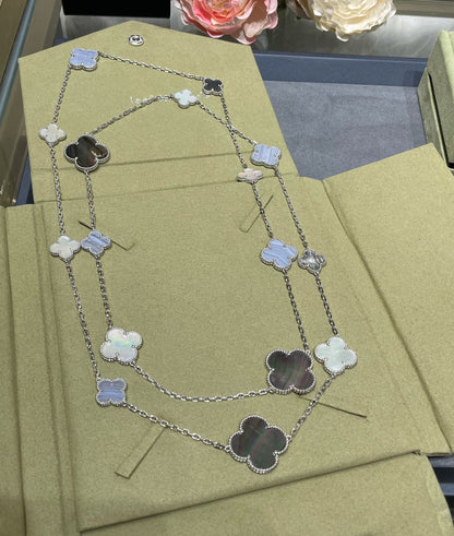 [Violet JW]CLOVER 16 MOTIF CHALCEDONY MOP SILVER NECKLACE