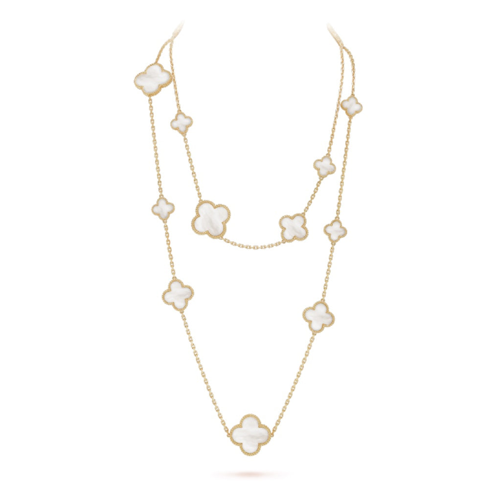 [Violet JW]CLOVER 16 MOTIF WHITE MOP GOLD NECKLACE