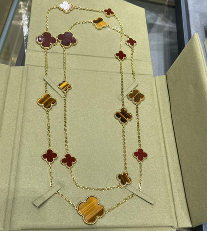 [Violet JW]CLOVER 16 MOTIF CARNELIAN TIGER EYE ROSE GOLD NECKLACE