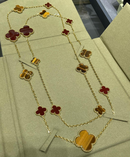 [Violet JW]CLOVER 16 MOTIF CARNELIAN TIGER EYE ROSE GOLD NECKLACE