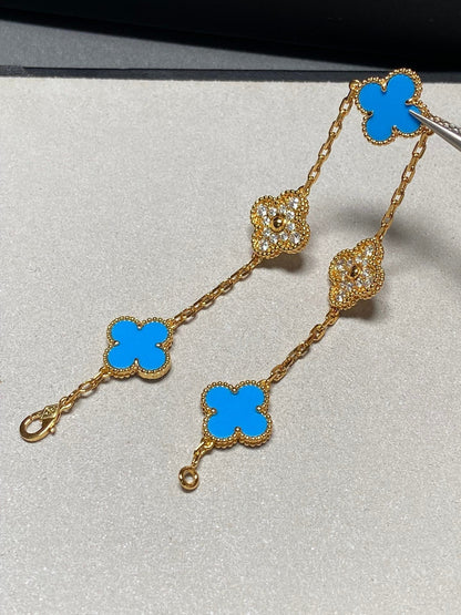 [Violet JW]CLOVER 5 MOTIF BLUE CHALCEDONY DIAMOND GOLD BRACELET