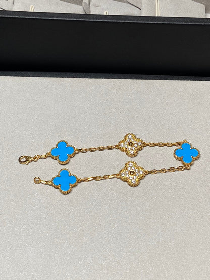 [Violet JW]CLOVER 5 MOTIF BLUE CHALCEDONY DIAMOND GOLD BRACELET
