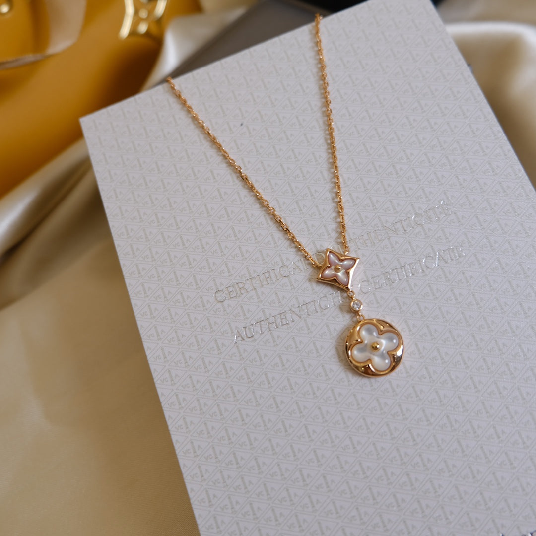 [Violet JW]STAR AND SUN WHITE MOP 2 MOTIF PINK GOLD NECKLACE