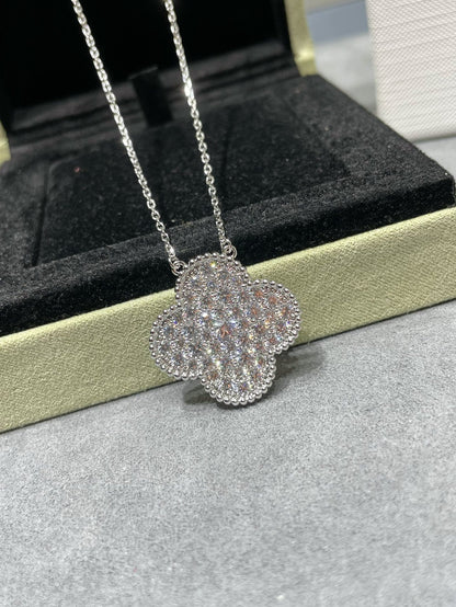 [Violet JW]CLOVER 25MM LARGE PENDANT DIAMOND PAVED SILVER NECKLACE