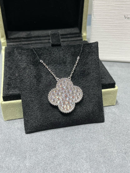 [Violet JW]CLOVER 25MM LARGE PENDANT DIAMOND PAVED SILVER NECKLACE