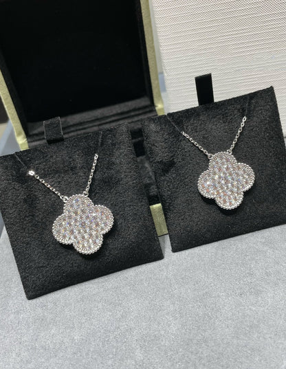[Violet JW]CLOVER 25MM LARGE PENDANT DIAMOND PAVED SILVER NECKLACE