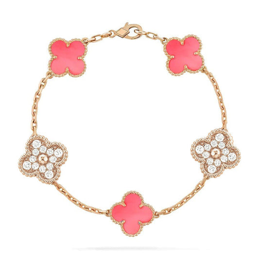 [Violet JW]CLOVER 5 MOTIF DIAMOND PINK MOP PINK GOLD BRACELET