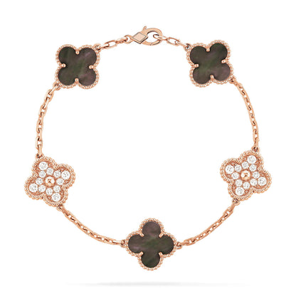 [Violet JW]CLOVER 5 MOTIFS DARK MOP AND DIAMONDS PINK GOLD BRACELET