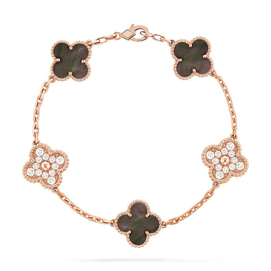 [Violet JW]CLOVER 5 MOTIFS DARK MOP AND DIAMONDS PINK GOLD BRACELET