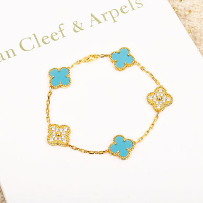 [Violet JW]CLOVER 5 MOTIF TURQUOISE DIAMOND GOLD BRACELET