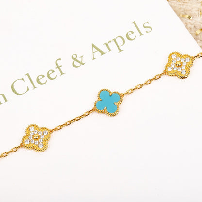 [Violet JW]CLOVER 5 MOTIF TURQUOISE DIAMOND GOLD BRACELET