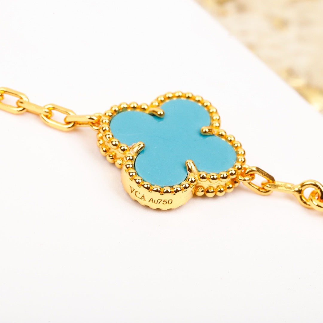 [Violet JW]CLOVER 5 MOTIF TURQUOISE DIAMOND GOLD BRACELET