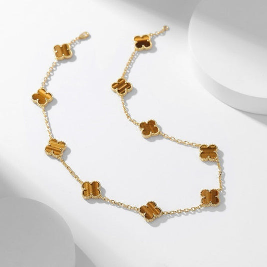 [Violet JW]CLOVER 10 MOTIFS TIGER EYE NECKLACE