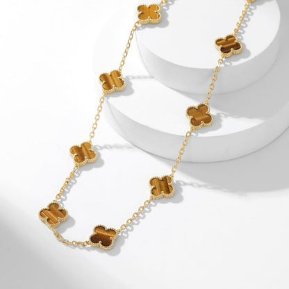 [Violet JW]CLOVER 10 MOTIFS TIGER EYE NECKLACE