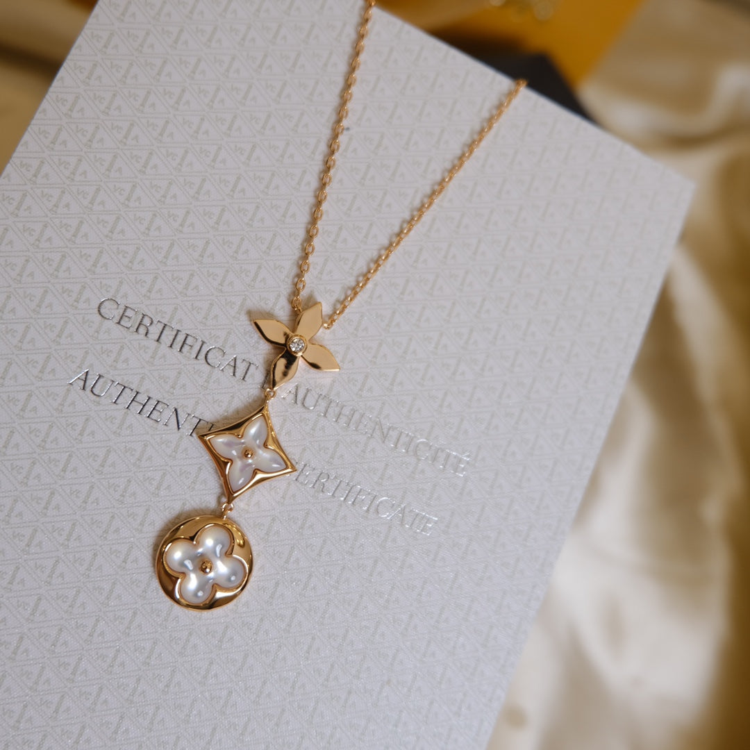 [Baslove]カラーブロッサム ラリアットネックレス ピンクゴールド ホワイトマザーパール&amp;ダイヤモンド