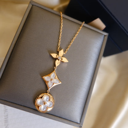 [Baslove]カラーブロッサム ラリアットネックレス ピンクゴールド ホワイトマザーパール&amp;ダイヤモンド