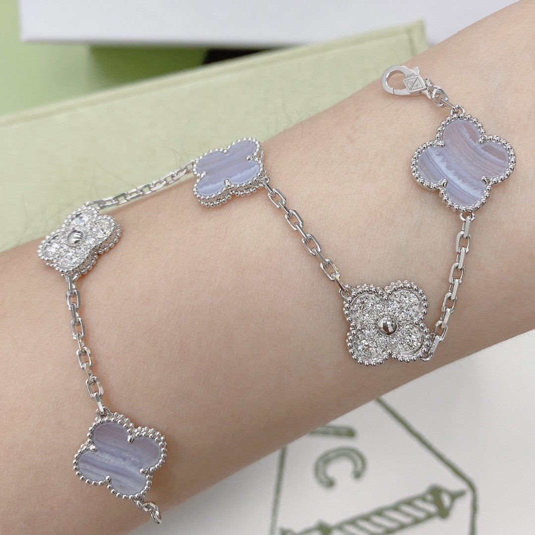 [Violet JW]CLOVER  5 MOTIF DIAMOND PURPLE CHALCEDONY BRACELET SILVER