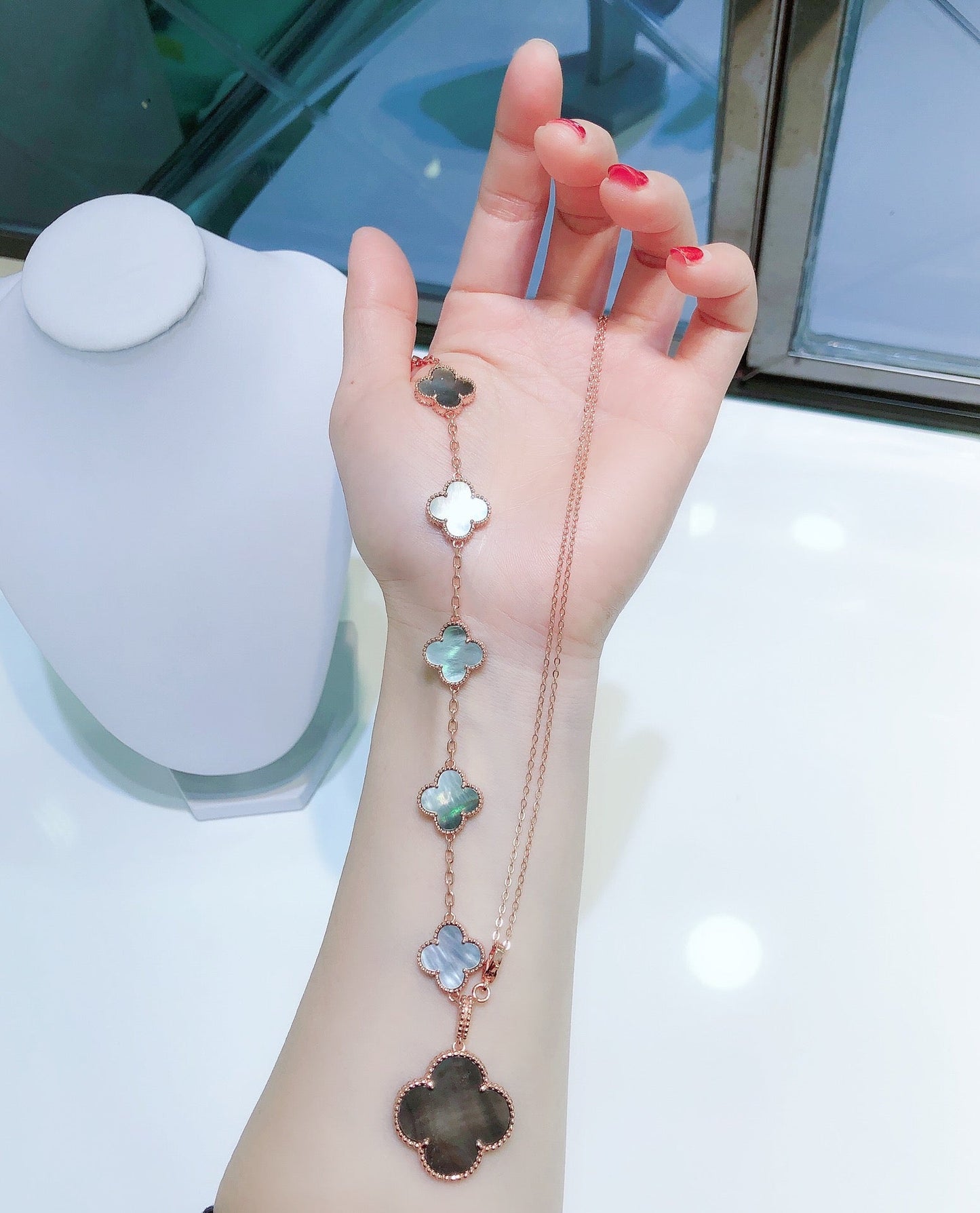 [Violet JW]COMBINED BRACELET 5 MOTIFS AND NECKLACE DARK MOP ROSE GOLD