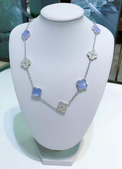 [Violet JW]CLOVER 10 MOTIFS CHALCEDONY DIAMONDS SILVER NECKLACE