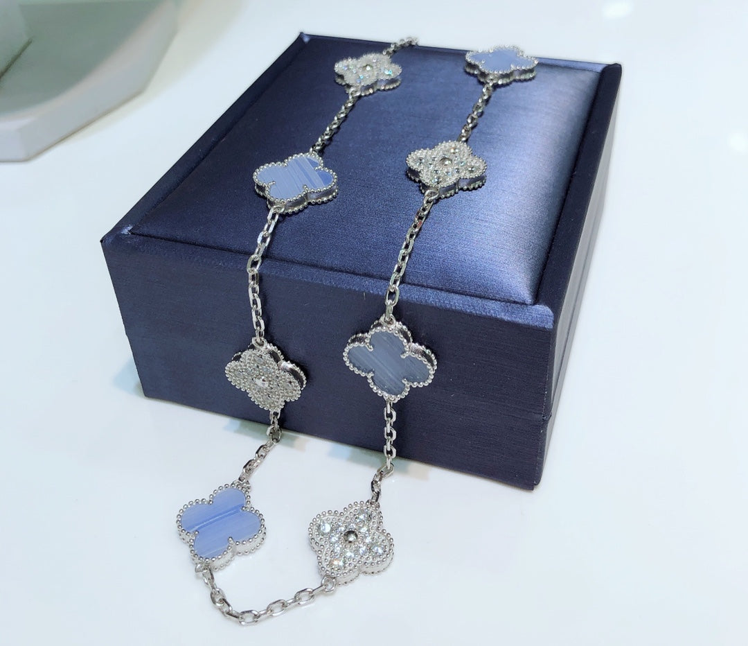 [Violet JW]CLOVER 10 MOTIFS CHALCEDONY DIAMONDS SILVER NECKLACE