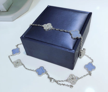 [Violet JW]CLOVER 10 MOTIFS CHALCEDONY DIAMONDS SILVER NECKLACE