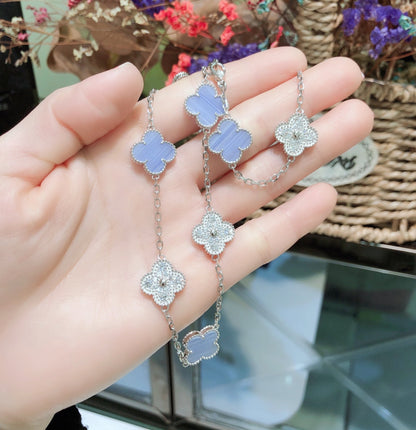 [Violet JW]CLOVER 10 MOTIFS CHALCEDONY DIAMONDS SILVER NECKLACE