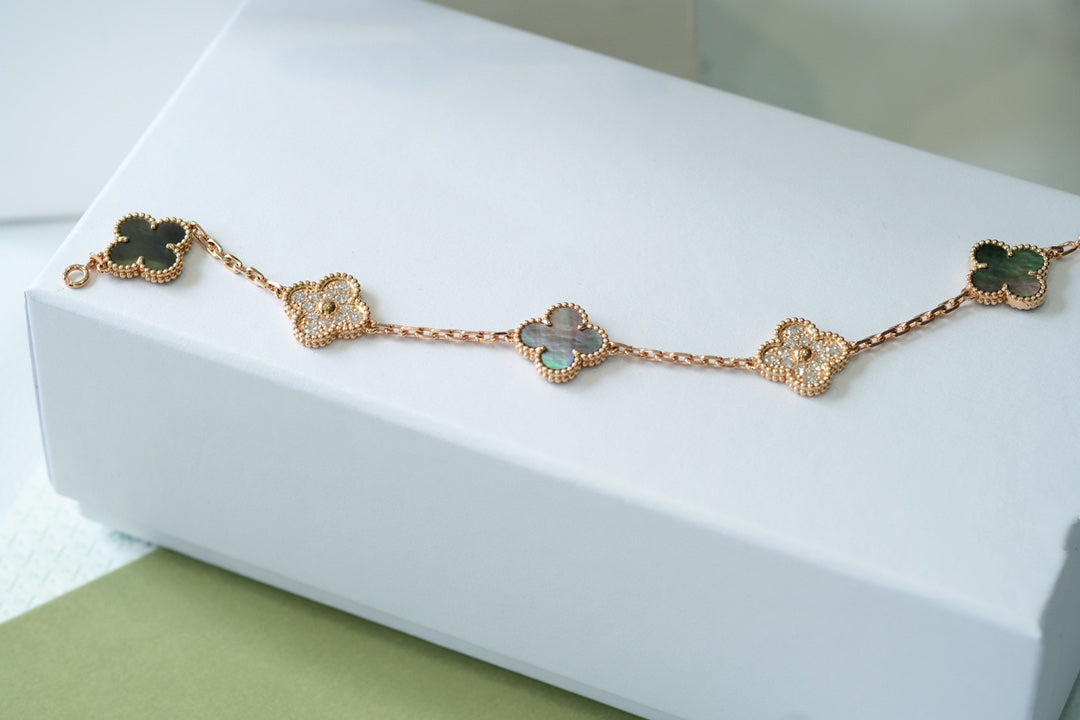 [Violet JW]CLOVER 5 MOTIFS DARK MOP AND DIAMONDS PINK GOLD BRACELET